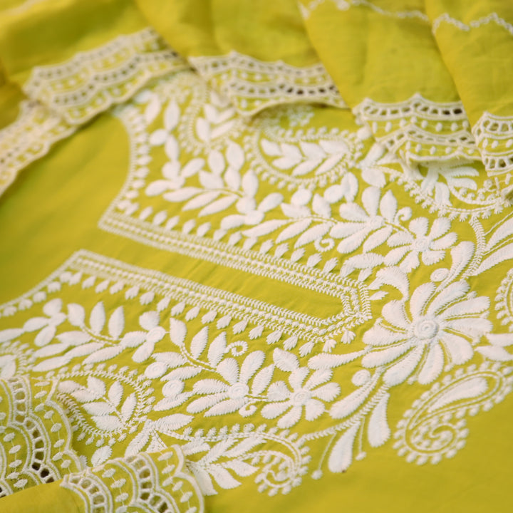 Suroor Mustard Yellow Chikankari Inspired Neck Thread Work Cotton Suit Set