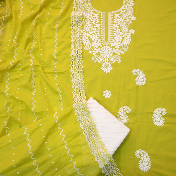 Suroor Mustard Yellow Chikankari Inspired Neck Thread Work Cotton Suit Set