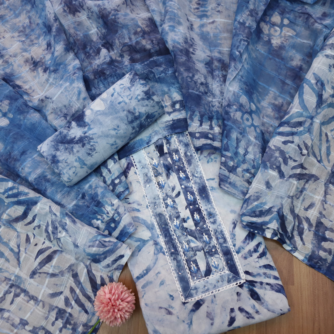 Samaya Indigo Blue Printed Lace Work Tie-Dye Printed Cotton Suit Set