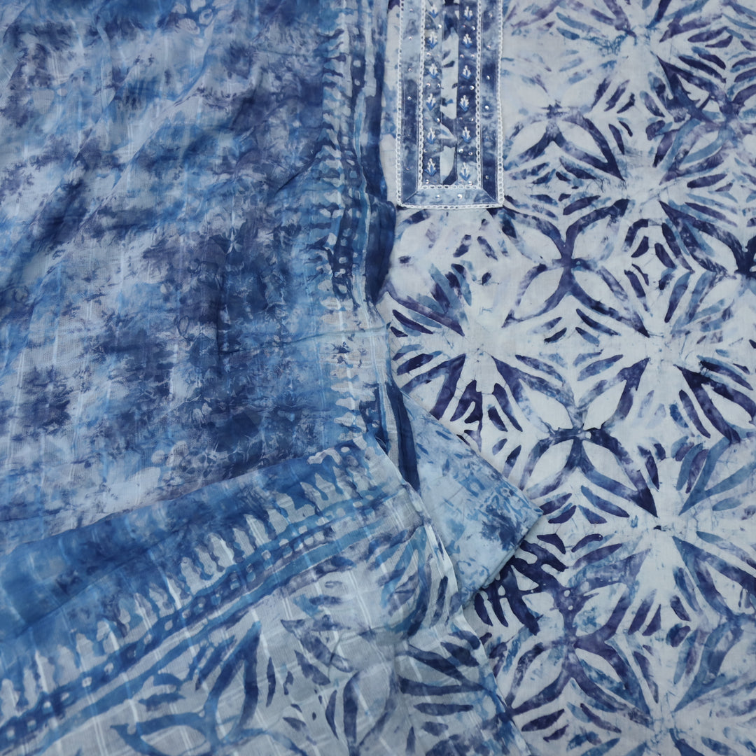 Samaya Indigo Blue Printed Lace Work Tie-Dye Printed Cotton Suit Set