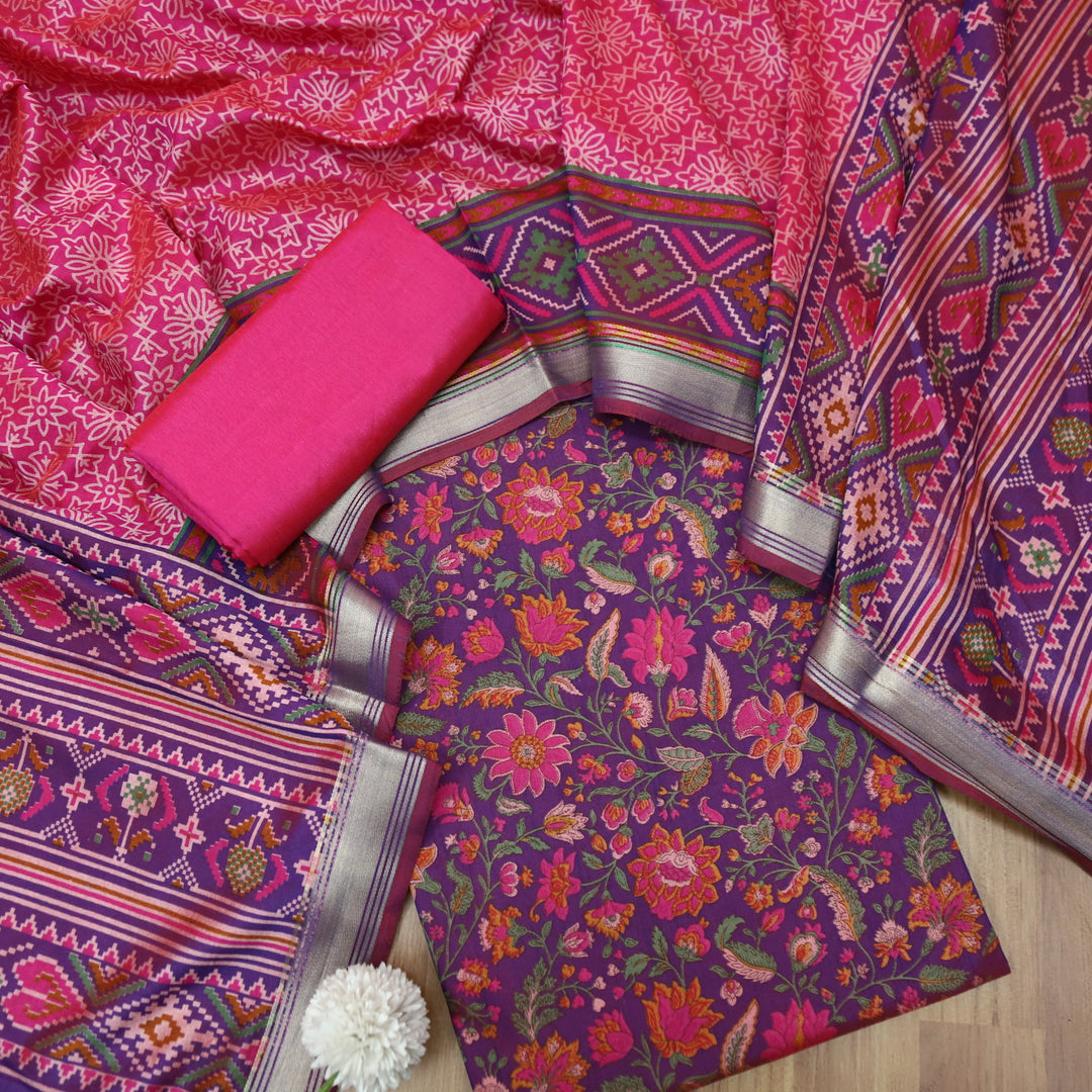 Falak Cranberry Pink All Over Floral Printed Cotton Silk Suit Set