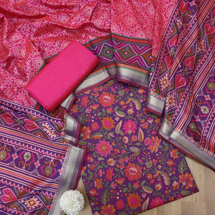 Falak Cranberry Pink All Over Floral Printed Cotton Silk Suit Set