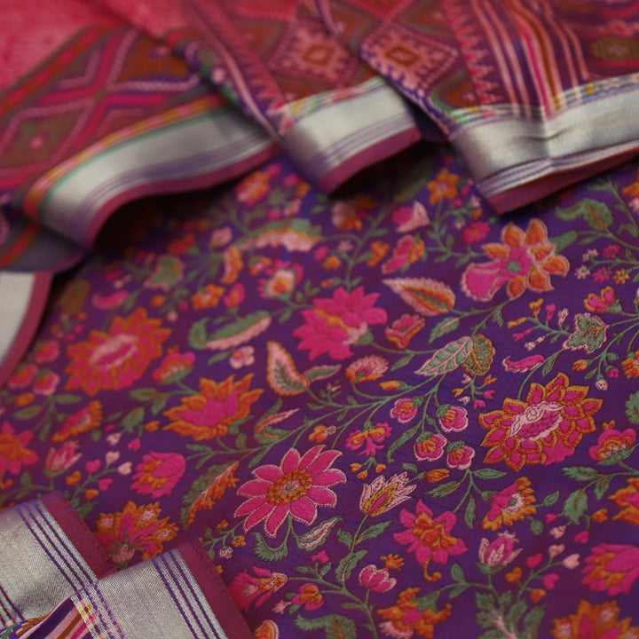 Falak Cranberry Pink All Over Floral Printed Cotton Silk Suit Set