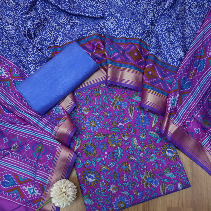 Falak Indigo Purple All Over Floral Printed Cotton Silk Suit Set