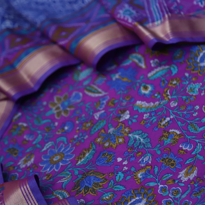 Falak Indigo Purple All Over Floral Printed Cotton Silk Suit Set