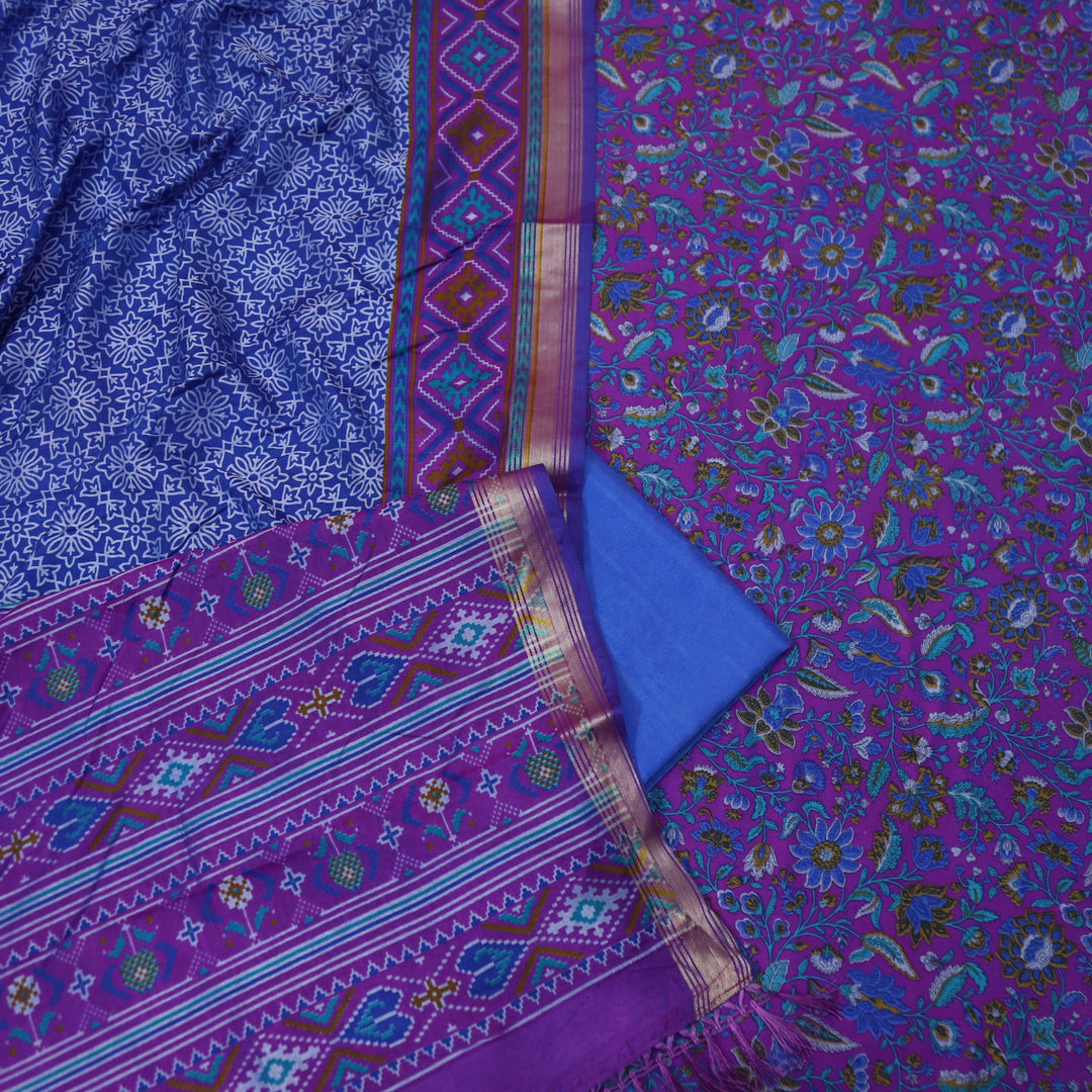 Falak Indigo Purple All Over Floral Printed Cotton Silk Suit Set