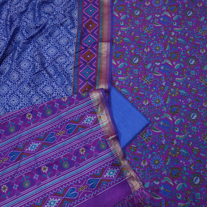 Falak Indigo Purple All Over Floral Printed Cotton Silk Suit Set