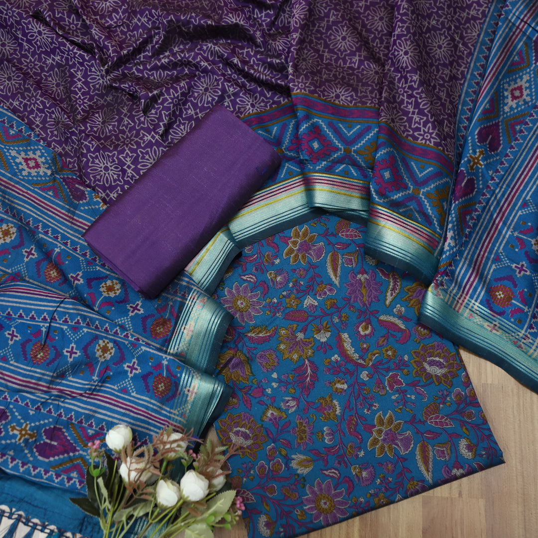 Falak Navy Blue All Over Floral Printed Cotton Silk Suit Set