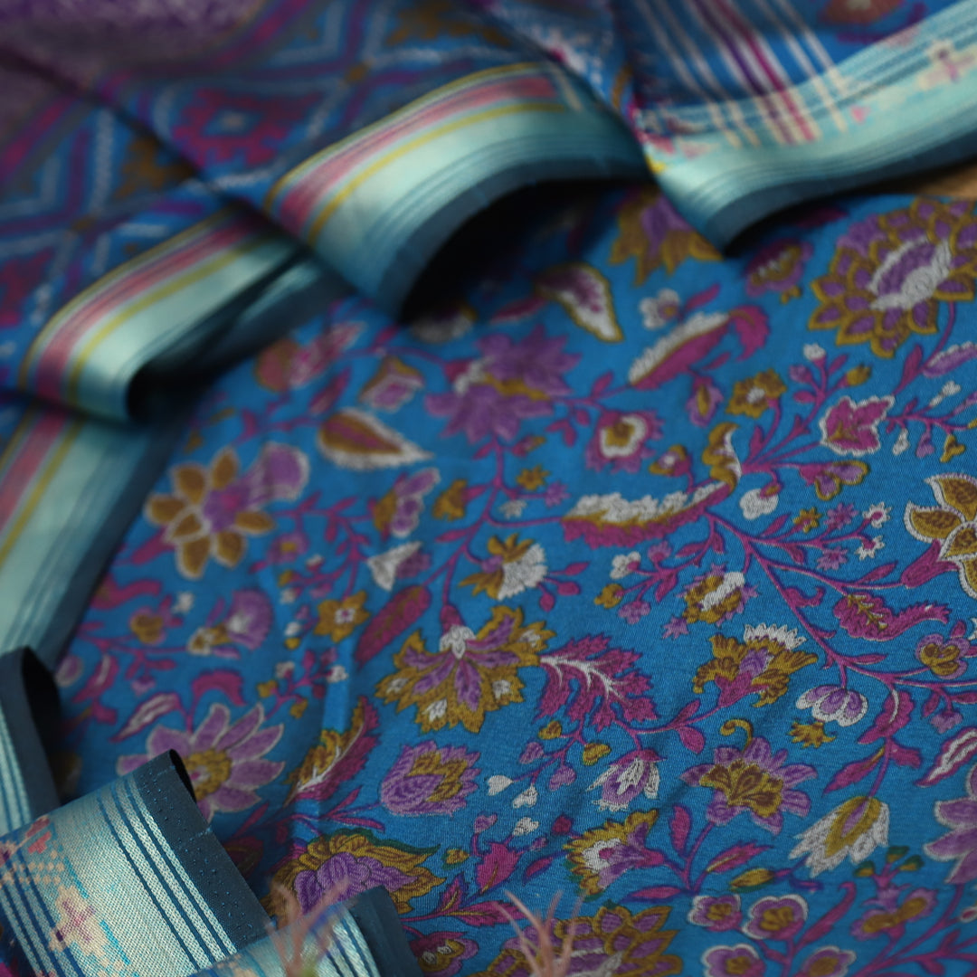 Falak Navy Blue All Over Floral Printed Cotton Silk Suit Set