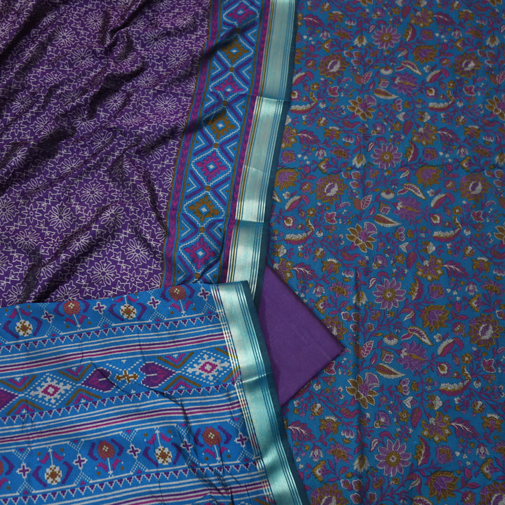 Falak Navy Blue All Over Floral Printed Cotton Silk Suit Set