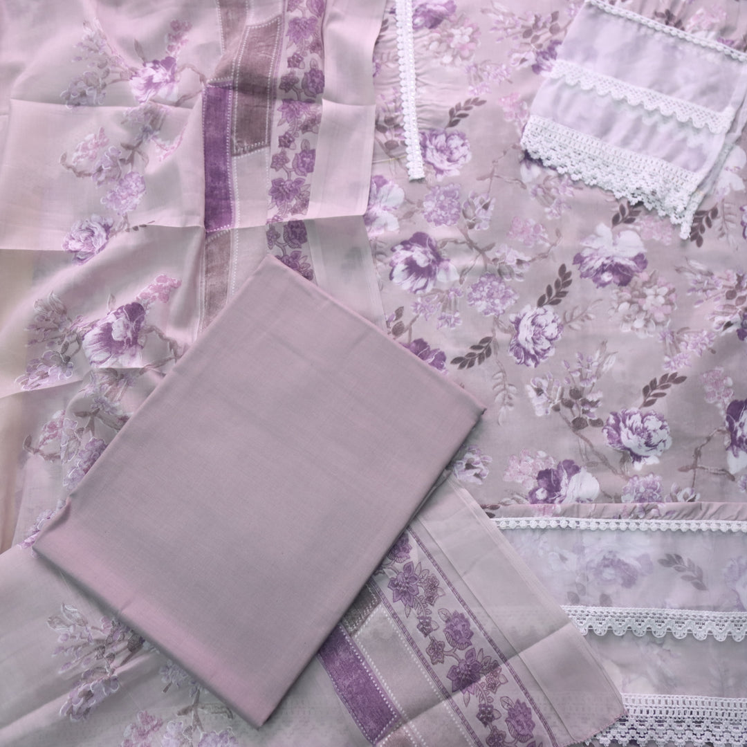 Zulfaa Jamuni Lavender Neck Lace Work Neck and Hem Floral Printed Cotton Suit Set