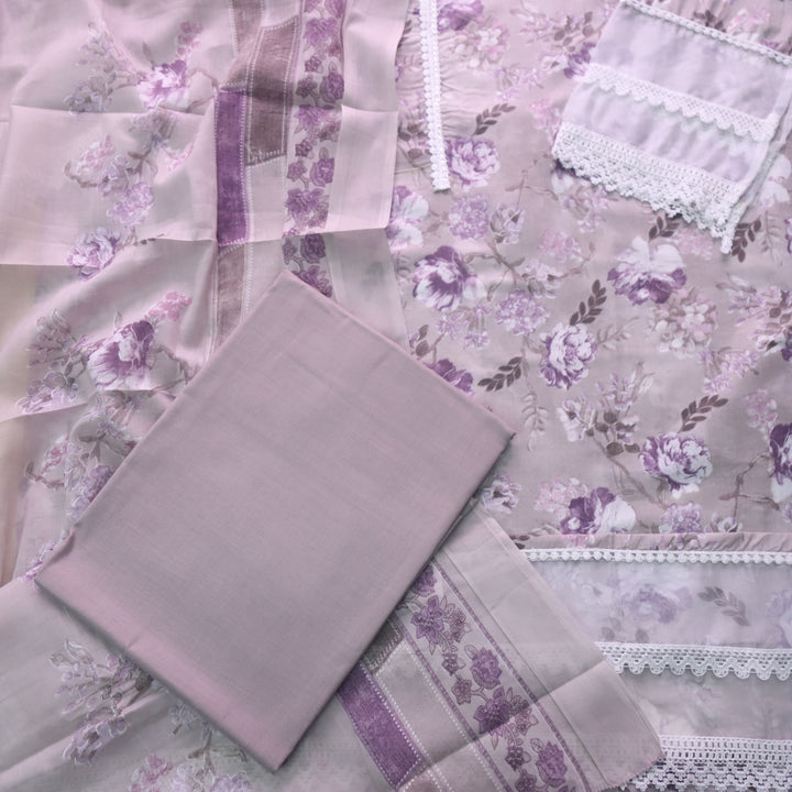 Zulfaa Jamuni Lavender Neck Lace Work Neck and Hem Floral Printed Cotton Suit Set