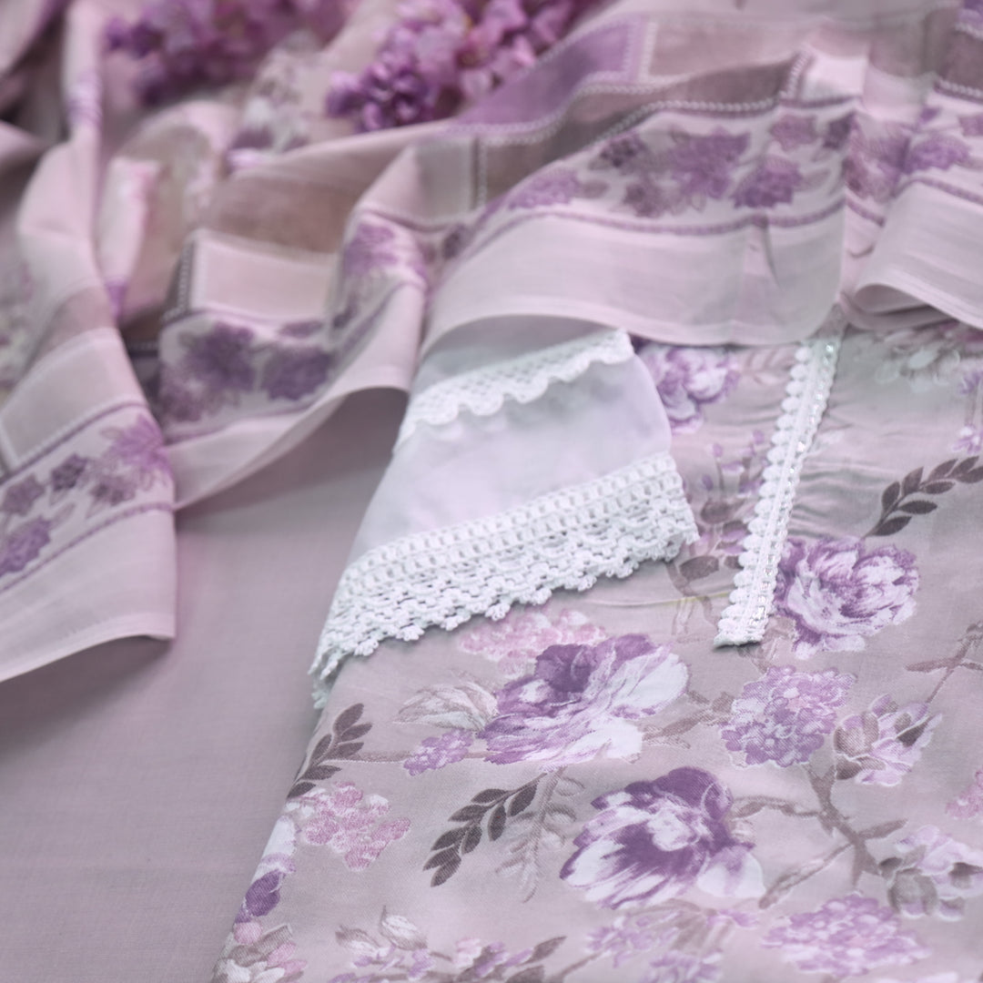 Zulfaa Jamuni Lavender Neck Lace Work Neck and Hem Floral Printed Cotton Suit Set