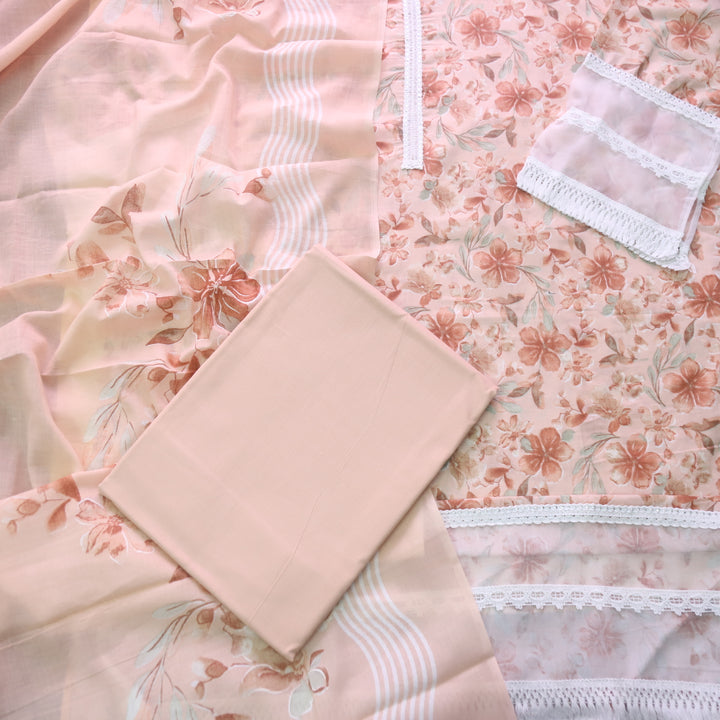 Zulfaa Soft Peach Neck Lace Work Neck and Hem Floral Printed Cotton Suit Set