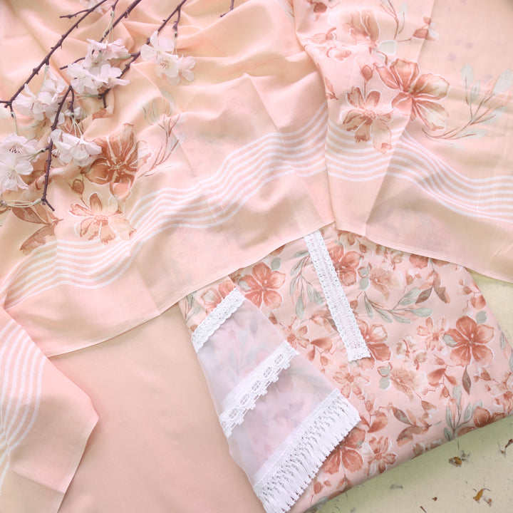 Zulfaa Soft Peach Neck Lace Work Neck and Hem Floral Printed Cotton Suit Set