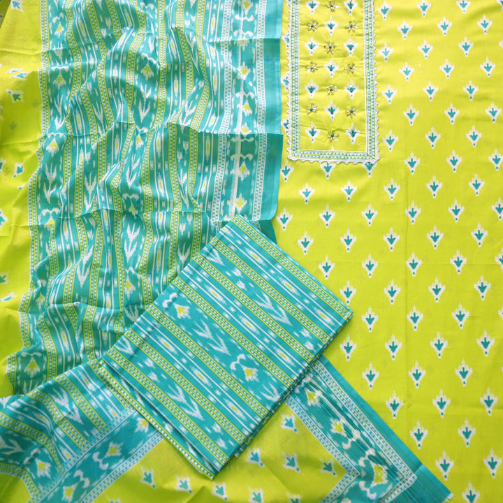 Farheen Neon Green Kardana Detailing Digital Printed Cotton Suit Set