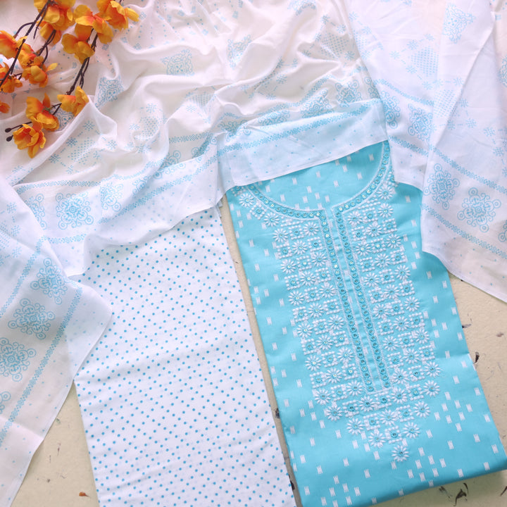 Reshmi Baby Blue Thread Embroidered Neck Work Printed Cotton Suit Set-D1