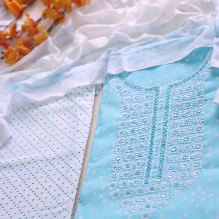 Reshmi Baby Blue Thread Embroidered Neck Work Printed Cotton Suit Set-D1