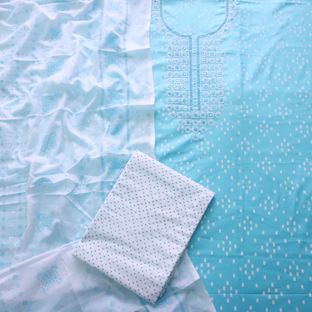 Reshmi Baby Blue Thread Embroidered Neck Work Printed Cotton Suit Set-D1