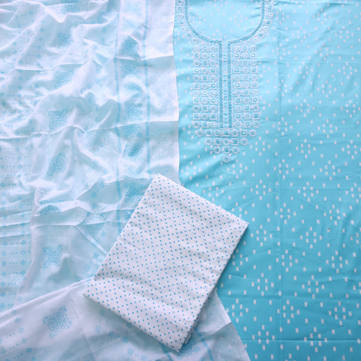 Reshmi Baby Blue Thread Embroidered Neck Work Printed Cotton Suit Set-D1