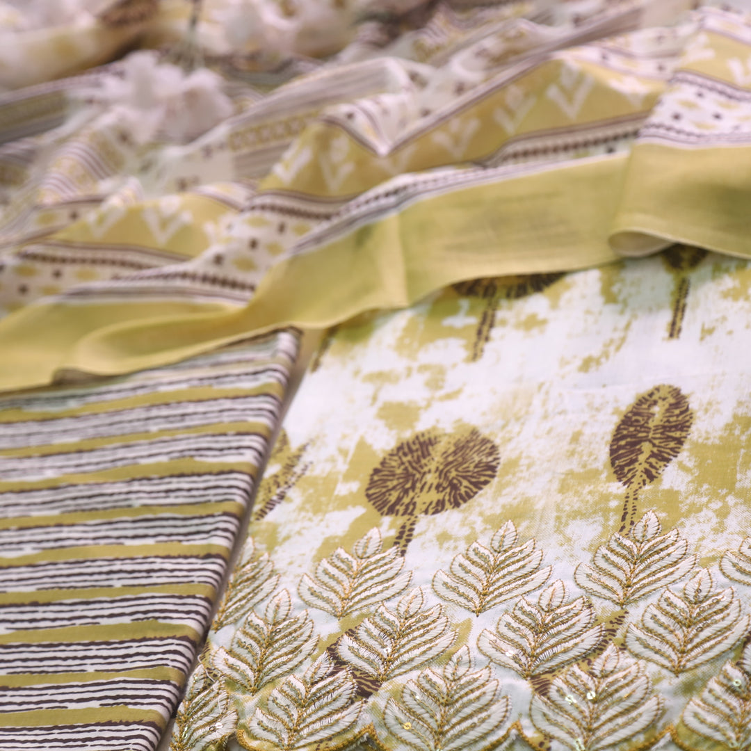 Reshmi Peanut Yellow Thread Embroidered Hem Digital Print Cotton Suit Set