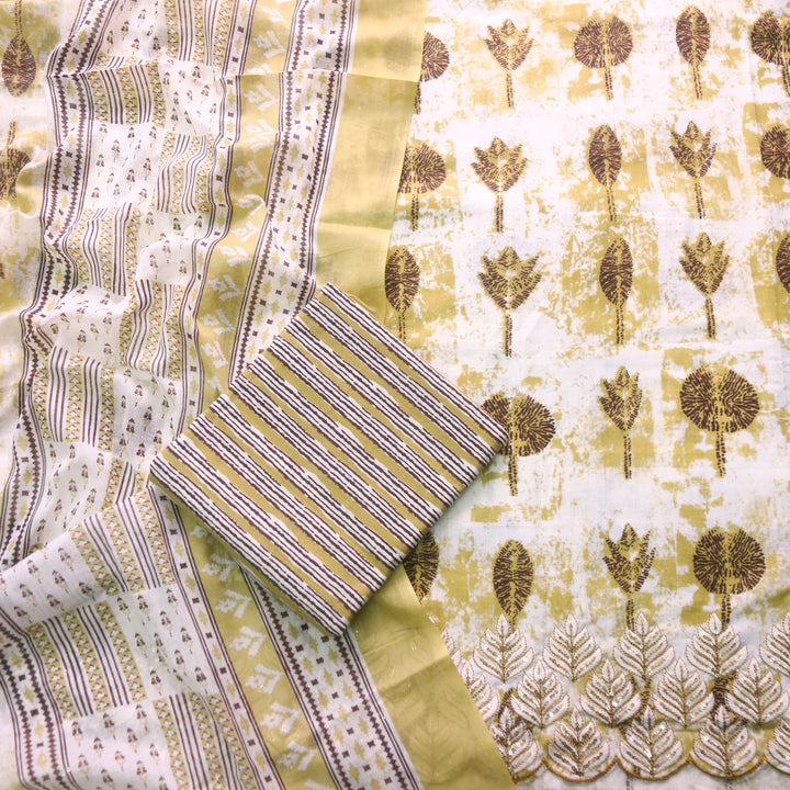 Reshmi Peanut Yellow Thread Embroidered Hem Digital Print Cotton Suit Set