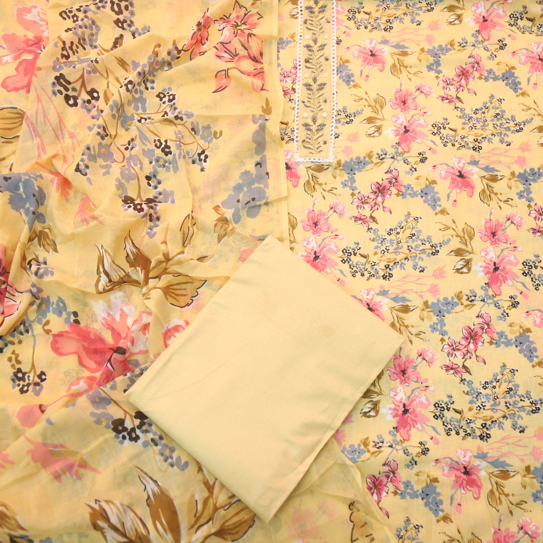 Reshmi Buttermilk Yellow Lace with Kardana Work Floral Printed Cotton Suit Set