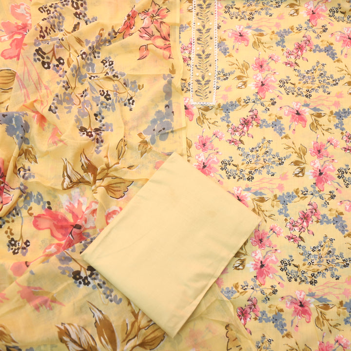 Reshmi Buttermilk Yellow Lace with Kardana Work Floral Printed Cotton Suit Set