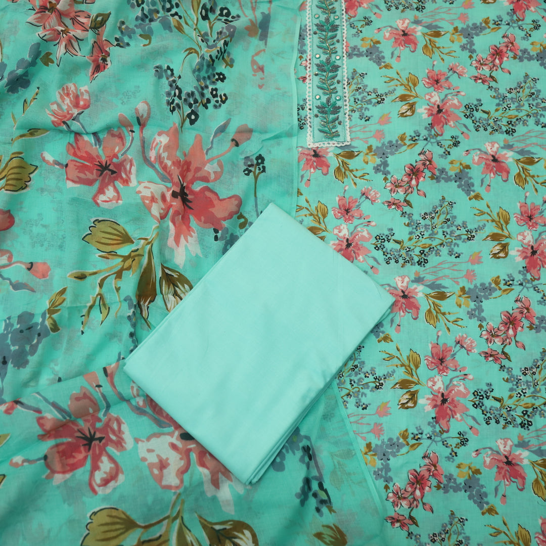 Reshmi Cyan Aqua Lace with Kardana Work Floral Printed Cotton Suit Set