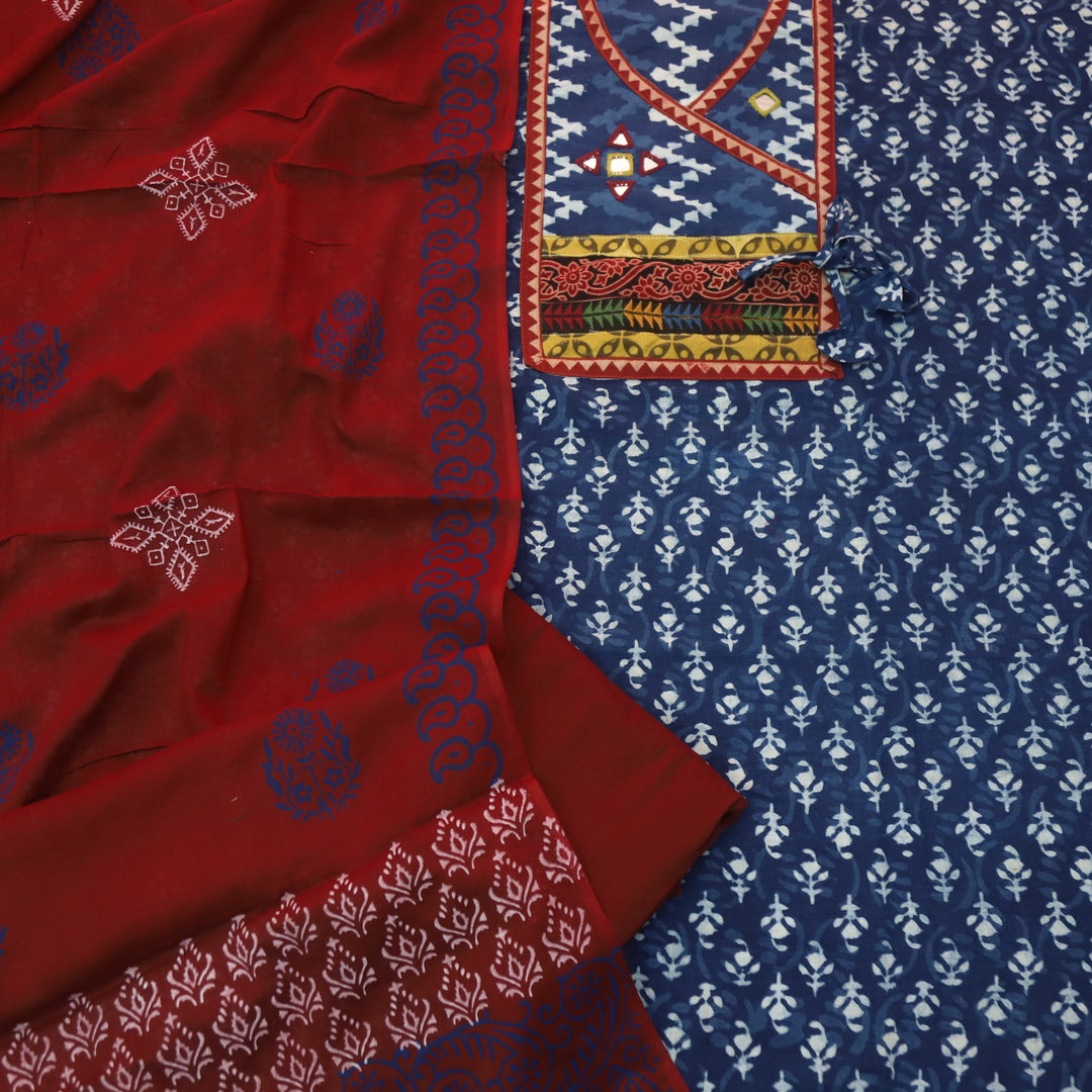 Kakaswi Indigo Blue Angrakha Kutch Neck Work Printed Cotton Suit Set-D2