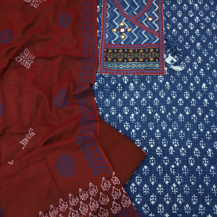 Kakaswi Indigo Blue Angrakha Kutch Neck Work Printed Cotton Suit Set-D1