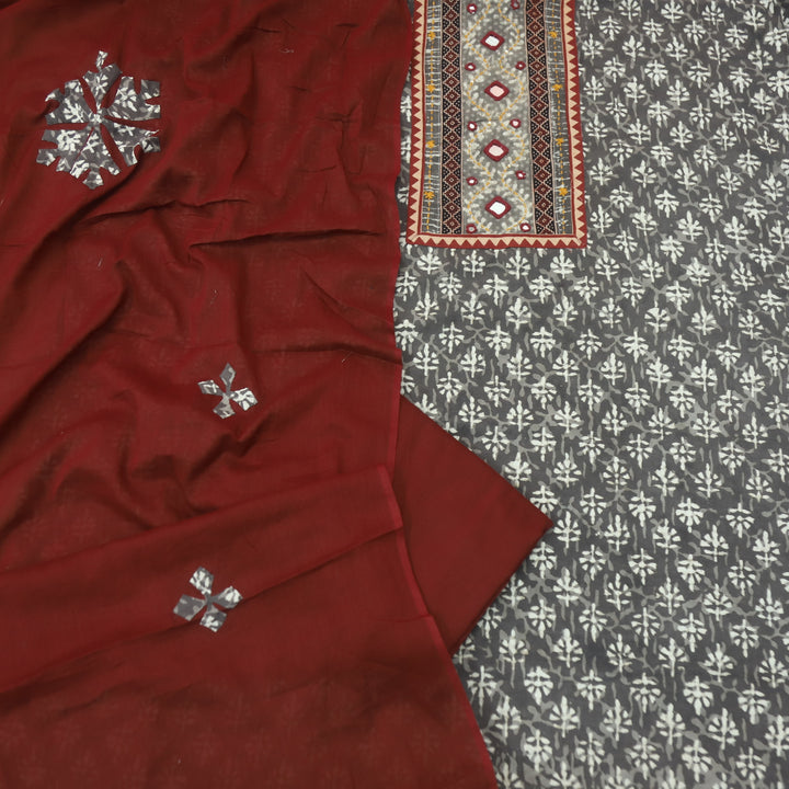 Kakaswi Frappe Tan Kutch Neck Work Printed Cotton Suit Set D2