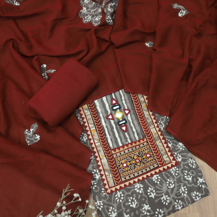 Kakaswi Frappe Tan Kutch Neck Work Printed Cotton Suit Set-D1