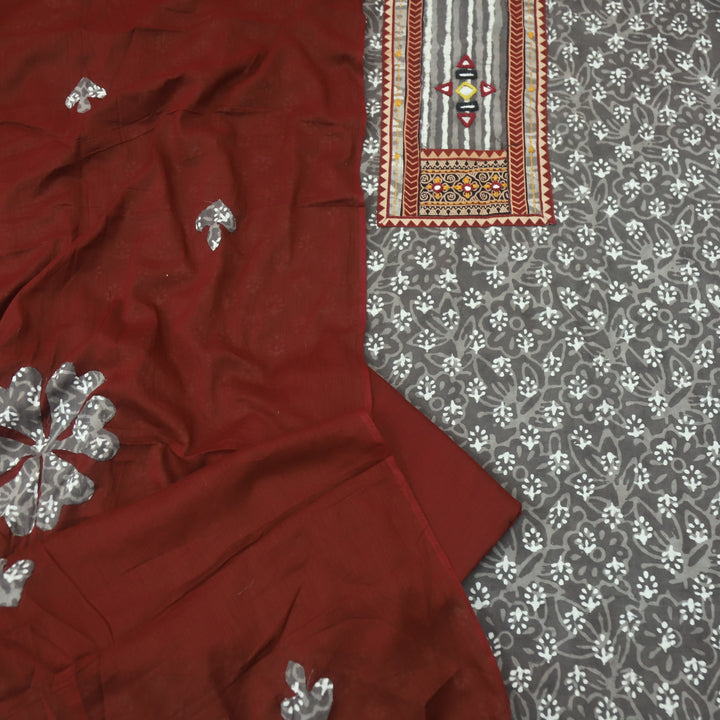 Kakaswi Frappe Tan Kutch Neck Work Printed Cotton Suit Set-D1