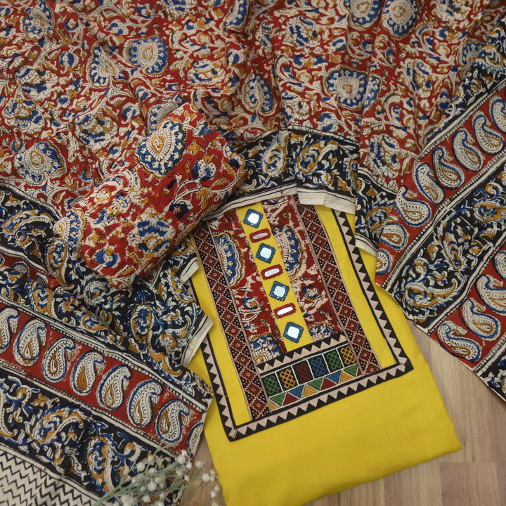 Kakaswi Canary Yellow Kalamkari Patch with Mirror Work Cotton Suit Set