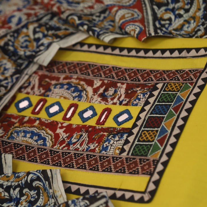 Kakaswi Canary Yellow Kalamkari Patch with Mirror Work Cotton Suit Set