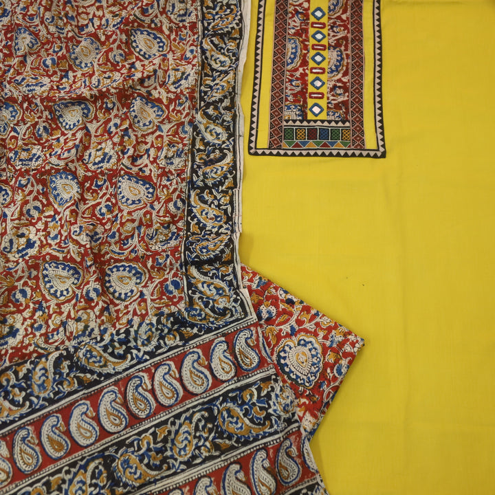 Kakaswi Canary Yellow Kalamkari Patch with Mirror Work Cotton Suit Set