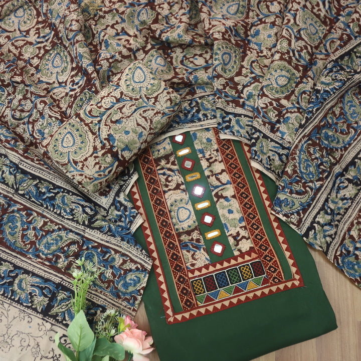 Kakaswi Grass Green Kalamkari Patch with Mirror Work Cotton Suit Set