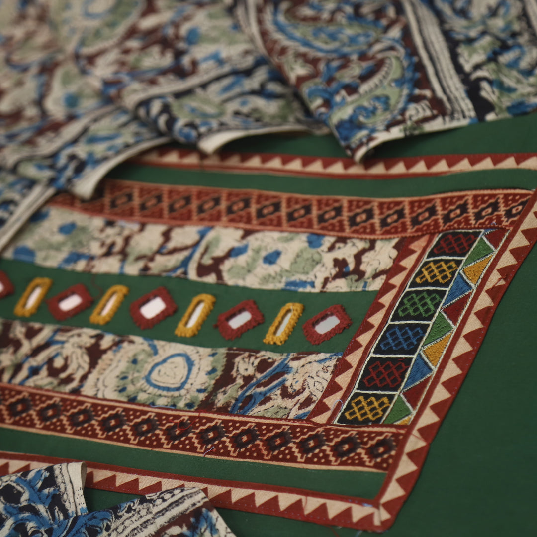 Kakaswi Grass Green Kalamkari Patch with Mirror Work Cotton Suit Set