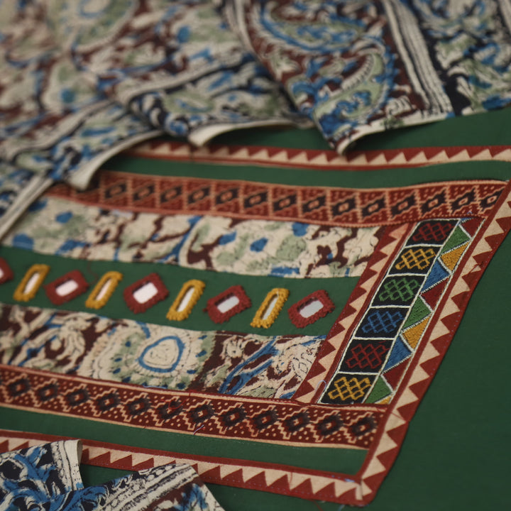 Kakaswi Grass Green Kalamkari Patch with Mirror Work Cotton Suit Set