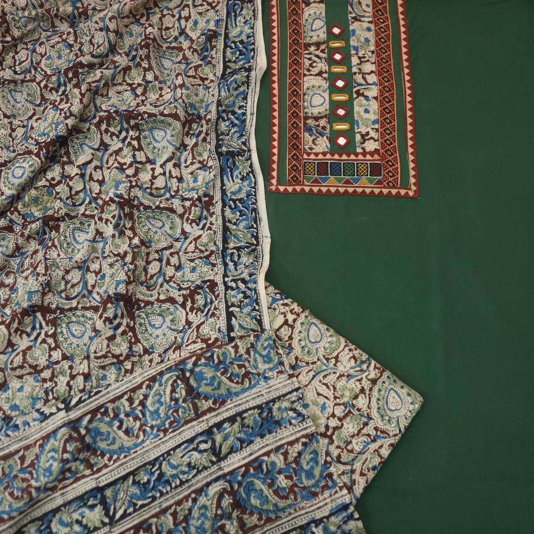Kakaswi Grass Green Kalamkari Patch with Mirror Work Cotton Suit Set
