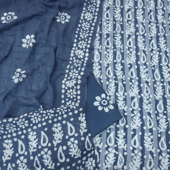 Gulshan Rock Grey Patra Work in Batik Printed Cotton Suit Set