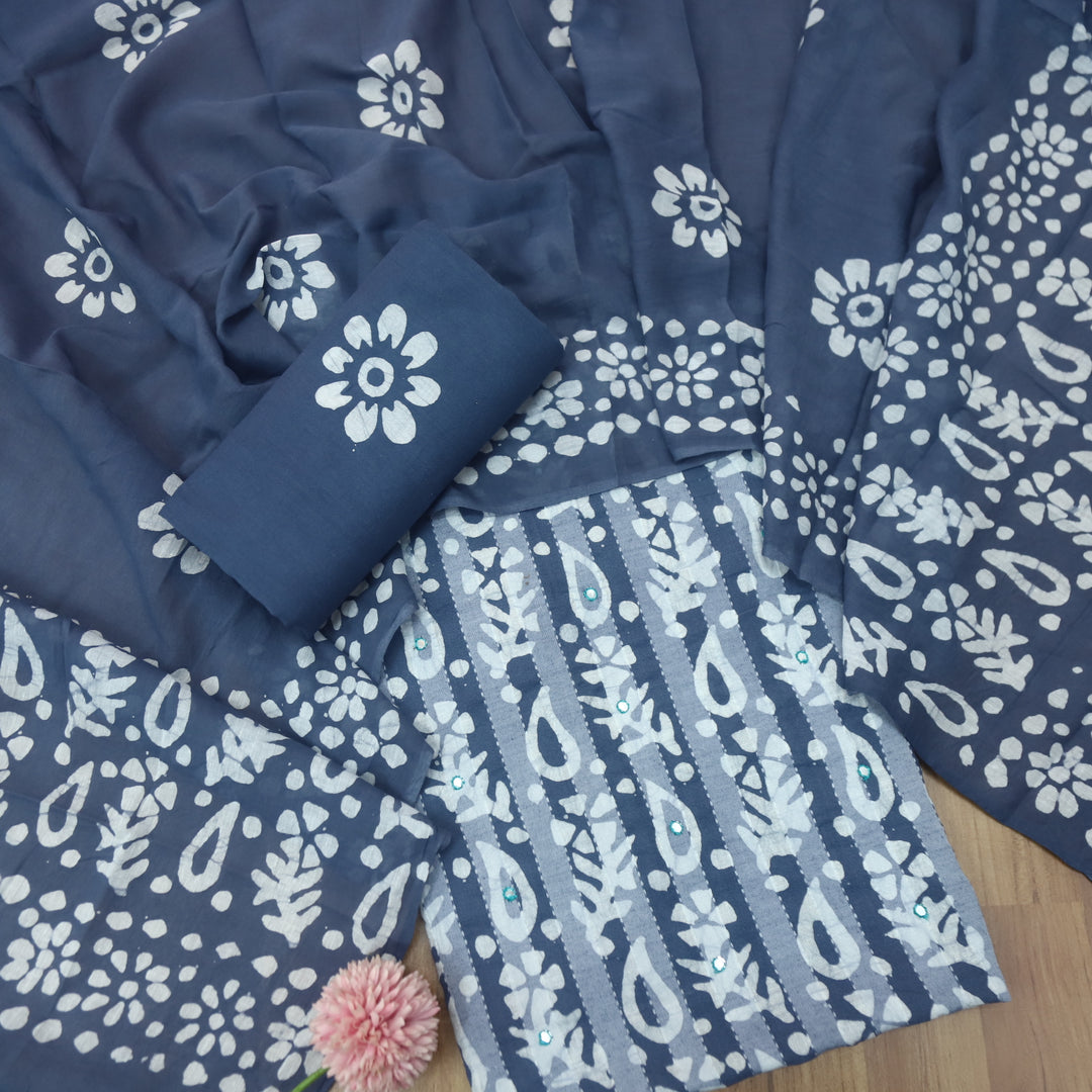 Gulshan Rock Grey Patra Work in Batik Printed Cotton Suit Set