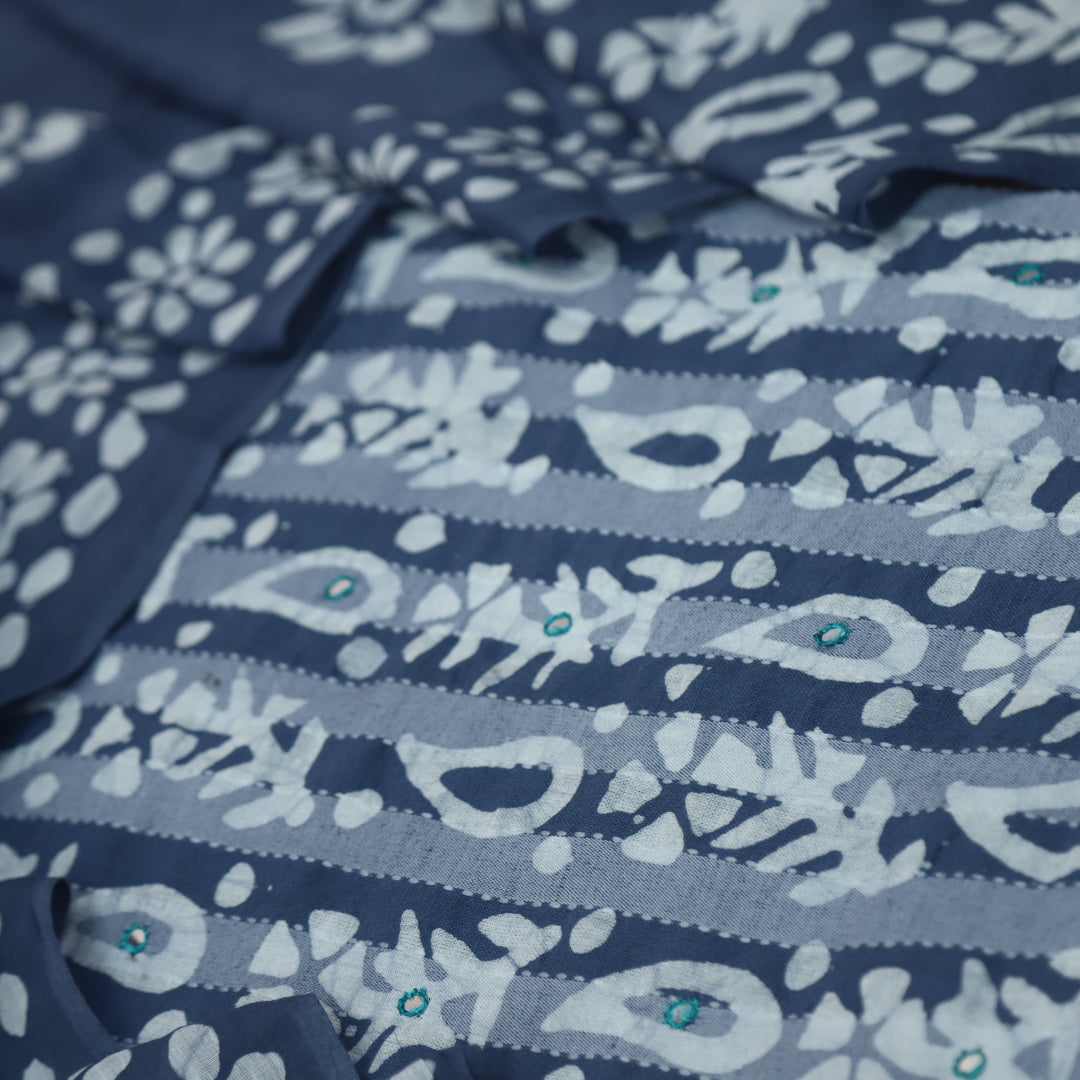 Gulshan Rock Grey Patra Work in Batik Printed Cotton Suit Set