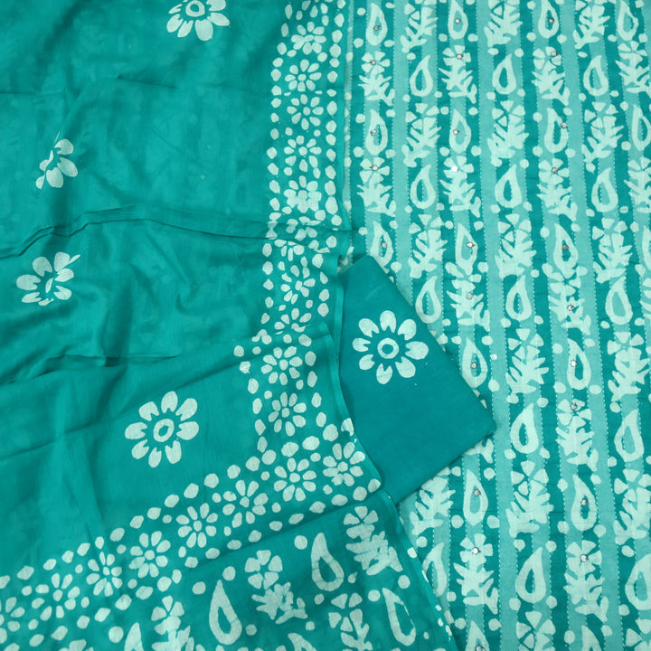 Gulshan Cyan Aqua Patra Work in Batik Printed Cotton Suit Set