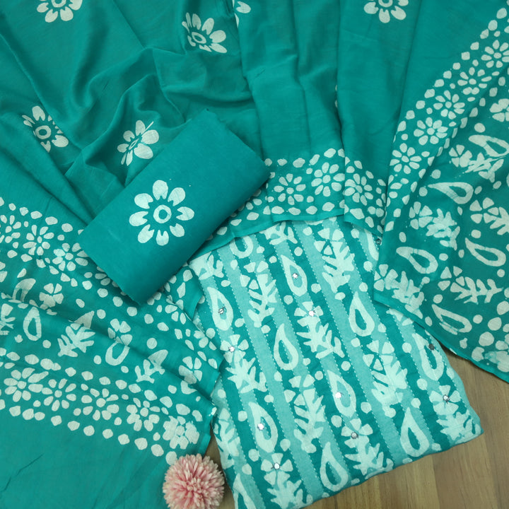 Gulshan Cyan Aqua Patra Work in Batik Printed Cotton Suit Set