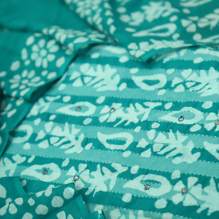 Gulshan Cyan Aqua Patra Work in Batik Printed Cotton Suit Set