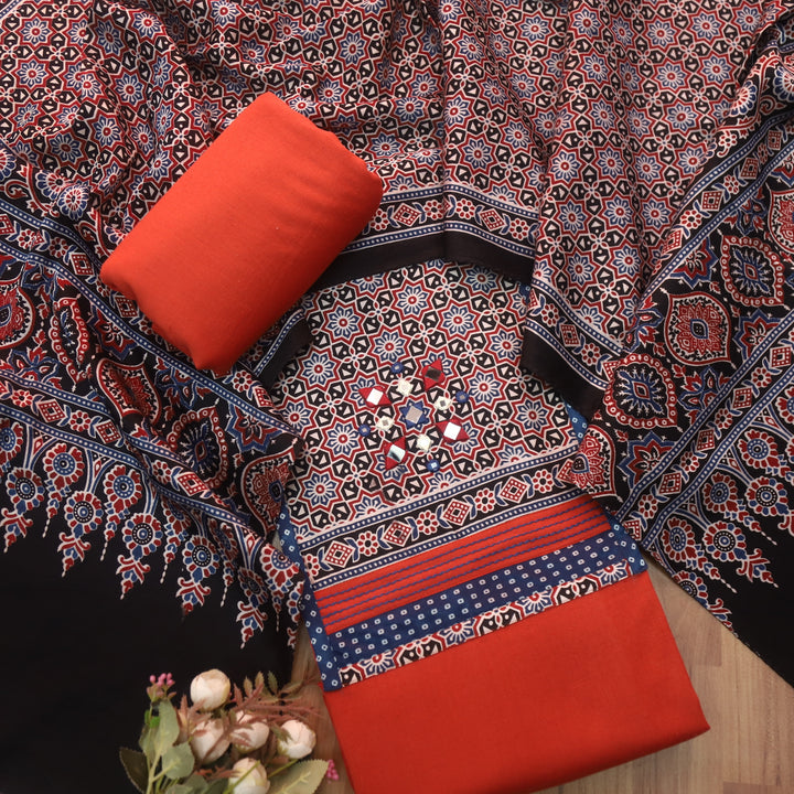 Holiya Saffron Orange Mashru Patch with Mirror Work Detailing Cotton Flex Suit Set
