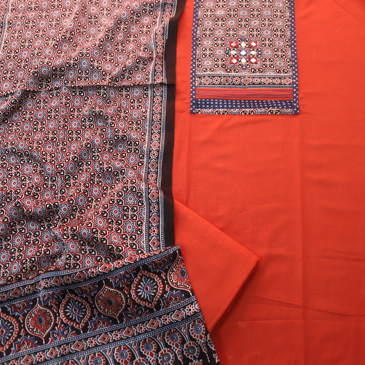 Holiya Saffron Orange Mashru Patch with Mirror Work Detailing Cotton Flex Suit Set