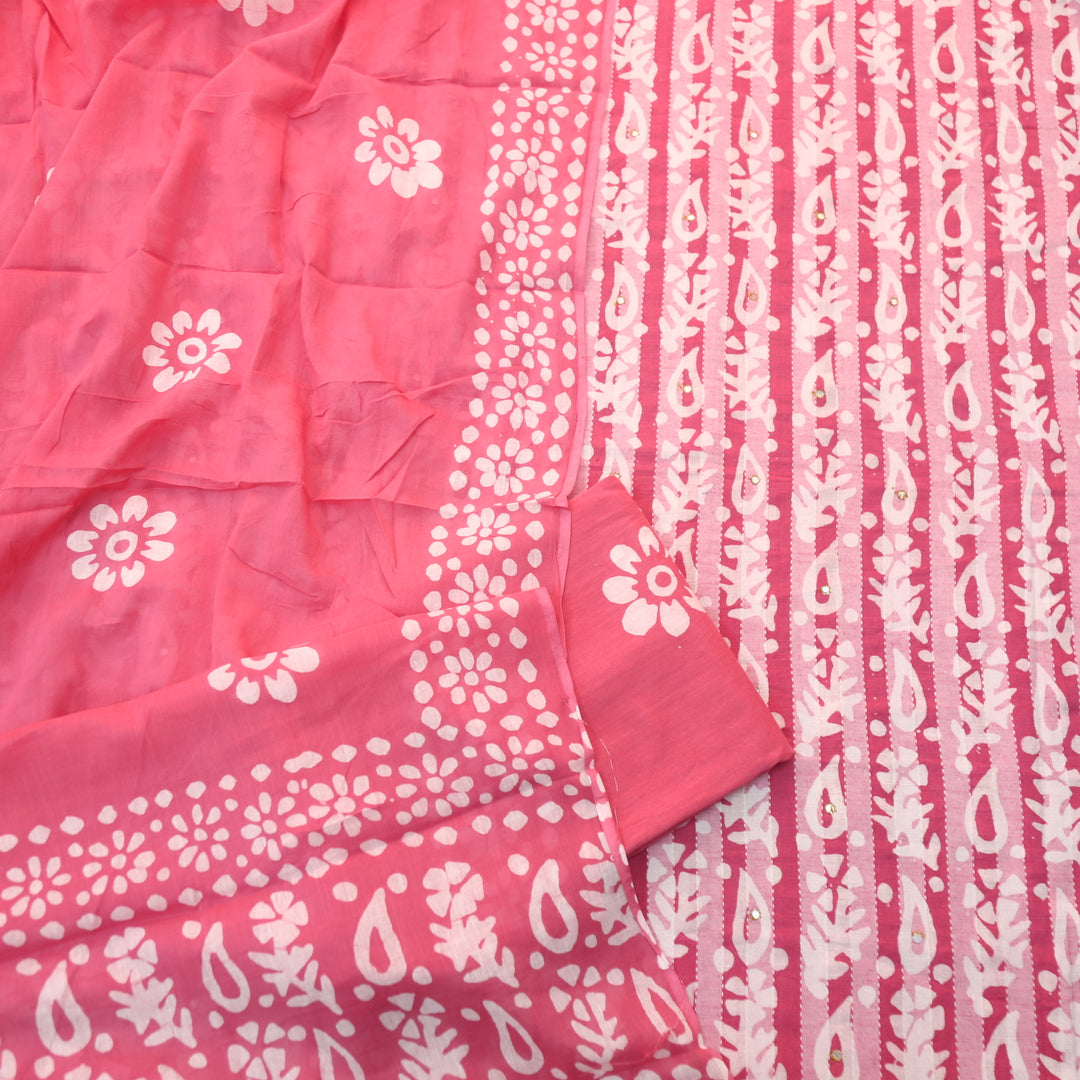 Gulshan Flamingo Pink Patra Work in Batik Printed Cotton Suit Set